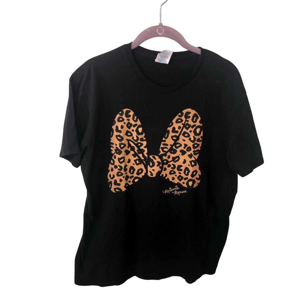 Leopard Minnie Mouse Bow T-Shirt Size L Black Tee Disney Mickey Cotton